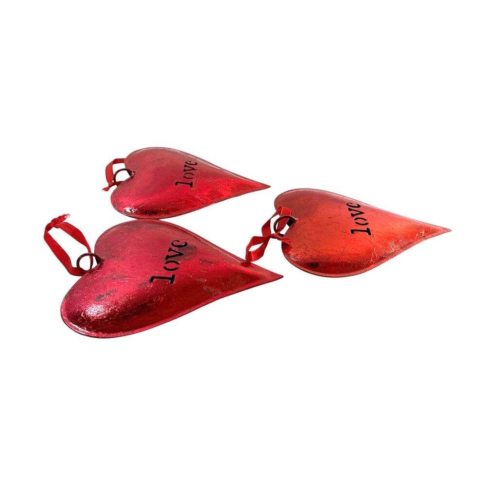 Set of 3 Red Metal Love Heart Hanging Ornaments Rustic Valentine 4.5” - Picture 2 of 6